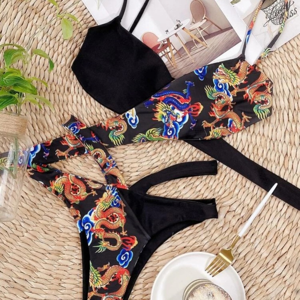 Half Dragon Half Black Wrap Strap Bikini